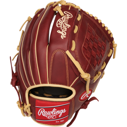 The Rawlings Sandlot 12" Baseball Glove (S1200BSH) is a brown glove with tan laces, a woven web pocket, and features the Rawlings logo on both the wrist strap and top.
