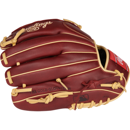 The Rawlings Sandlot 12" Baseball Glove (S1200BSH) features a maroon and tan design, gold stitching, “THE GOLD GLOVE CO.” embossing, and is crafted from premium oiled leather. It’s displayed on a plain white background.