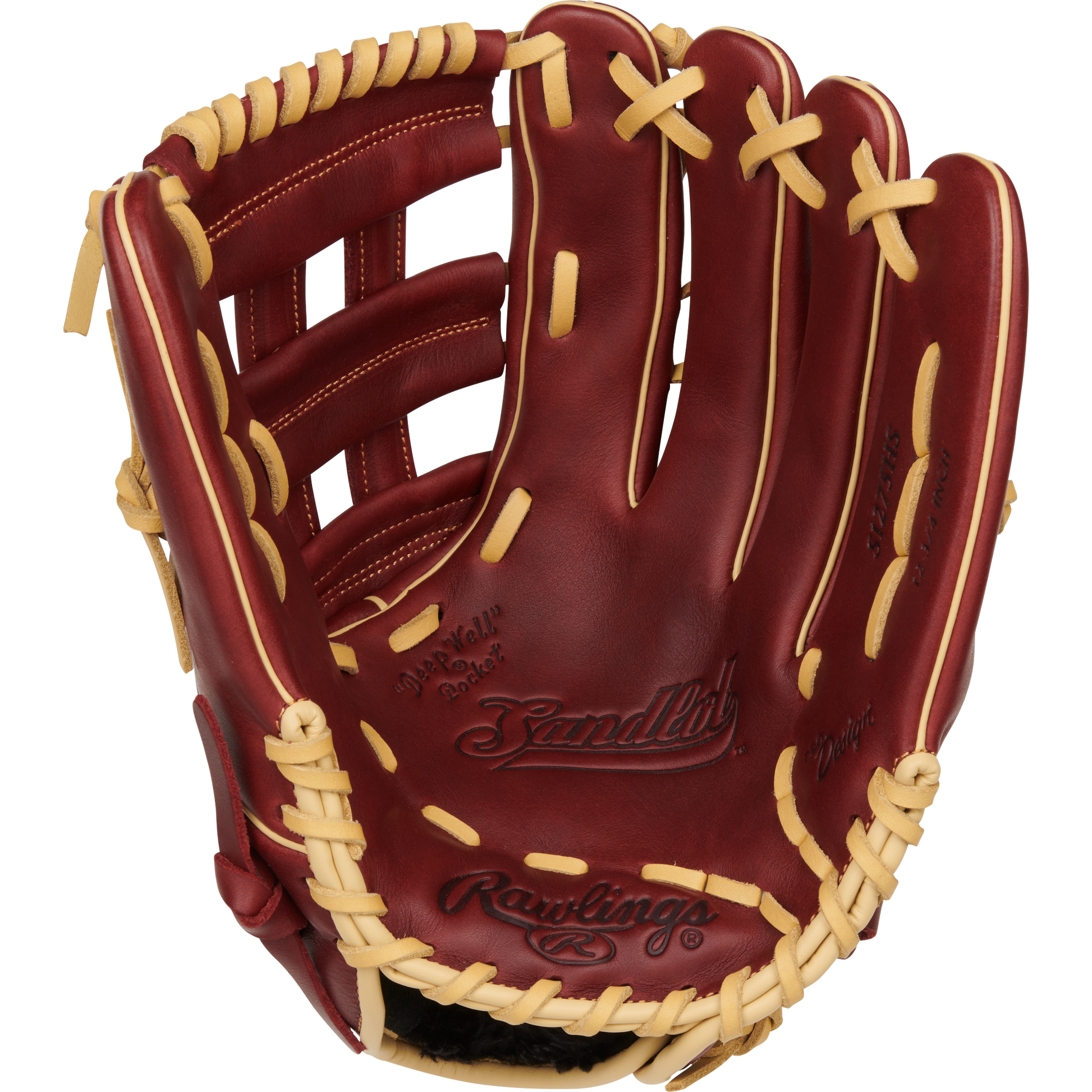 The Rawlings Sandlot 12.75" Baseball Glove (S1275HS) features a brown oiled leather design with cream lacing, visible branding, and an open palm with finger slots.