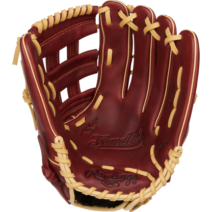 The Rawlings Sandlot 12.75" Baseball Glove (S1275HS) features a brown oiled leather design with cream lacing, visible branding, and an open palm with finger slots.