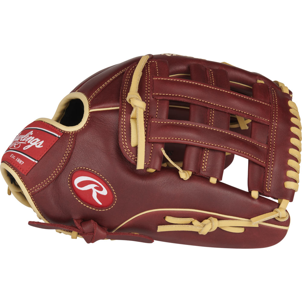 The Rawlings Sandlot 12.75" Baseball Glove (S1275HS) features a maroon and tan design, basket web, oiled leather stitching, and a red Rawlings logo patch on the wrist, shown against a plain white background.