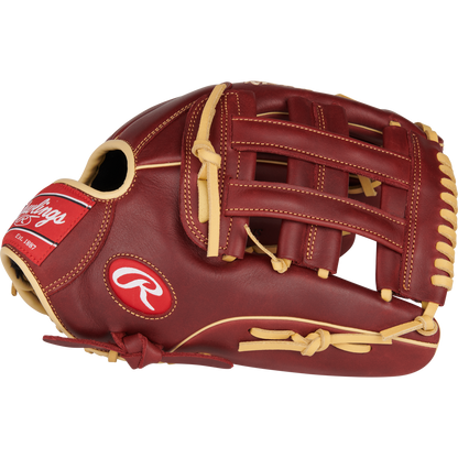 The Rawlings Sandlot 12.75" Baseball Glove (S1275HS) features a maroon and tan design, basket web, oiled leather stitching, and a red Rawlings logo patch on the wrist, shown against a plain white background.