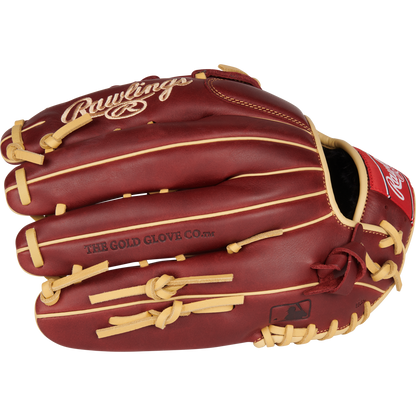 The Rawlings Sandlot 12.75" Baseball Glove (S1275HS) features brown oiled leather, tan laces, Rawlings and The Gold Glove Co. branding on the back, and a red patch near the wrist.