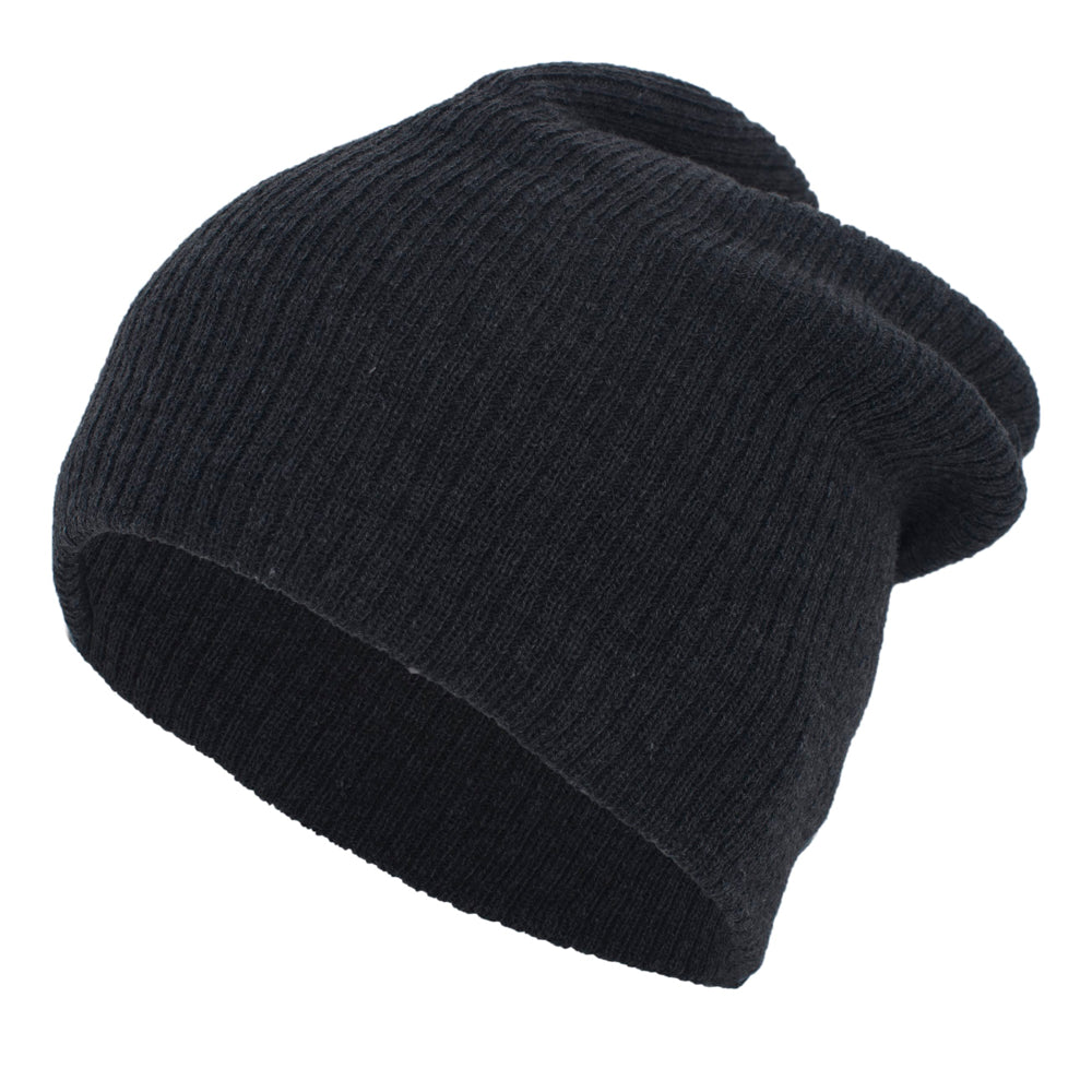 The NSA Outline Series Slouchy Beanie (SB02-DKHTR) by Pacific Headwear features a ribbed knit design in black, with the NSA logo outlined, shown on a white background.