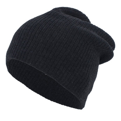 The NSA Outline Series Slouchy Beanie (SB02-DKHTR) by Pacific Headwear features a ribbed knit design in black, with the NSA logo outlined, shown on a white background.