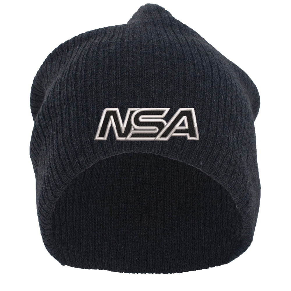 The NSA Outline Series Slouchy Beanie (SB02-DKHTR) by Pacific Headwear features a black ribbed knit design with "NSA" outlined in white embroidery on the front.