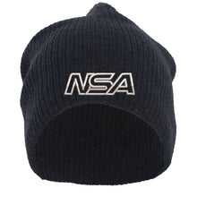 The NSA Outline Series Slouchy Beanie (SB02-DKHTR) by Pacific Headwear features a black ribbed knit design with "NSA" outlined in white embroidery on the front.