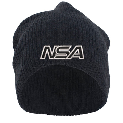 The NSA Outline Series Slouchy Beanie (SB02-DKHTR) by Pacific Headwear features a black ribbed knit design with "NSA" outlined in white embroidery on the front.