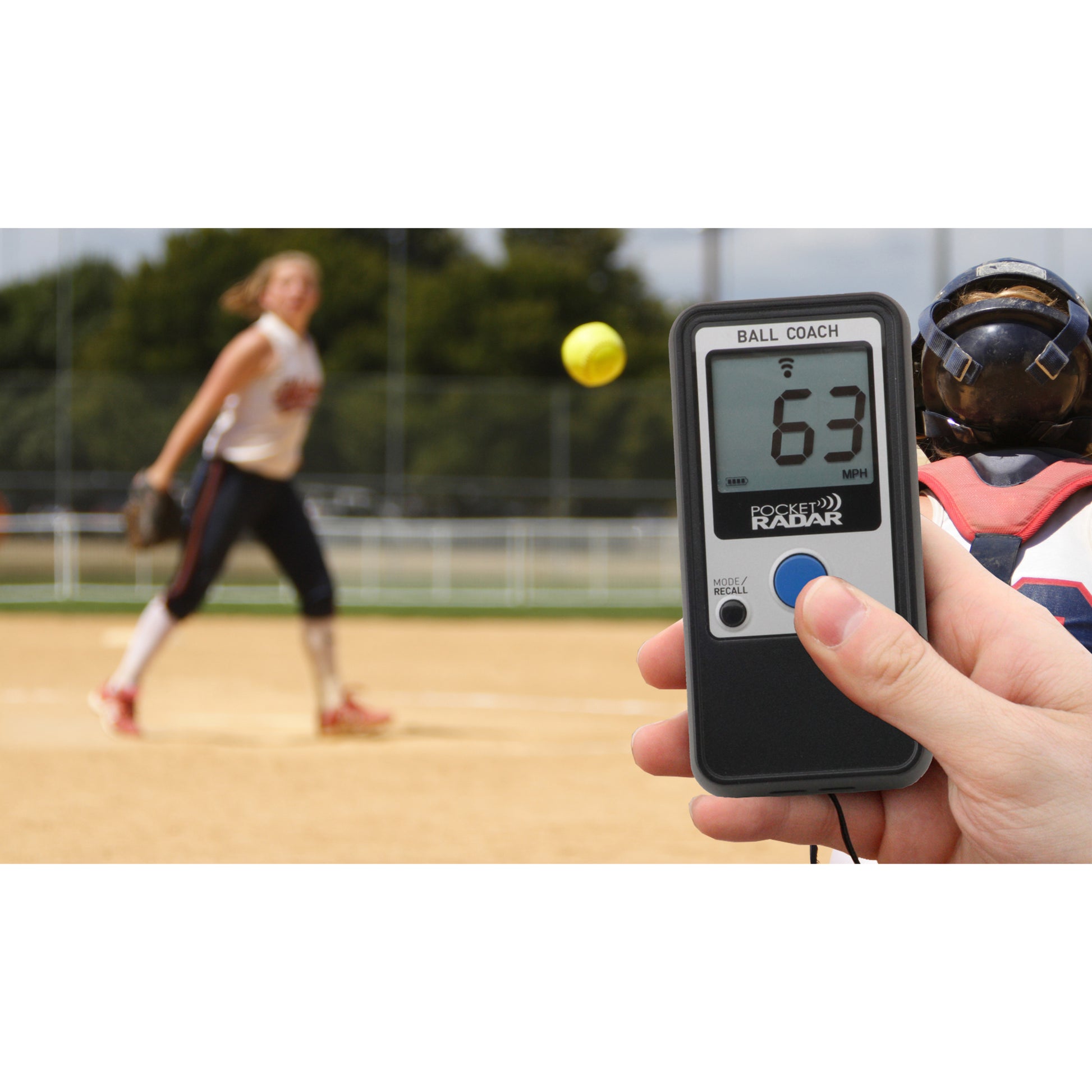 A person uses the Pocket Radar Ball Coach Radar (PR1000-BC) by Pocket Radar to check the ball’s speed.
