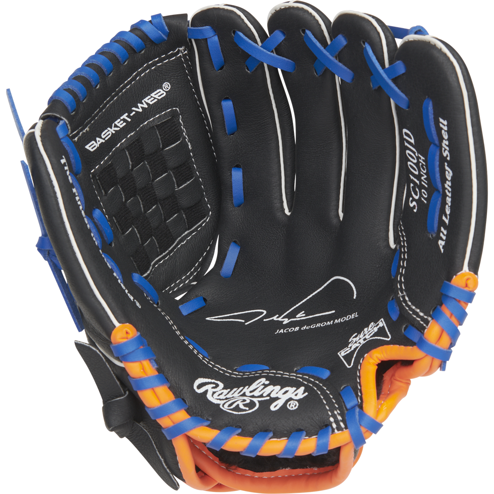 The Rawlings Sure Catch 10" Jacob deGrom Youth Baseball Glove (SC100JD) is a black glove with blue and orange accents, white stitching, basket web design, and features printed text plus a signature on the palm.
