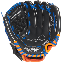 The Rawlings Sure Catch 10" Jacob deGrom Youth Baseball Glove (SC100JD) is a black glove with blue and orange accents, white stitching, basket web design, and features printed text plus a signature on the palm.
