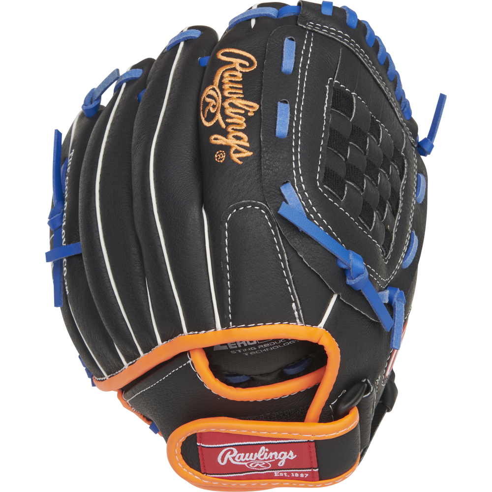 The Rawlings Sure Catch 10" Jacob deGrom Youth Baseball Glove (SC100JD) is black with blue and orange accents, white stitching, an orange embroidered Rawlings logo, basket web, and a red Rawlings tag near the wrist.