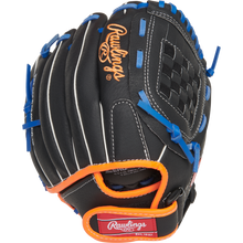 The Rawlings Sure Catch 10" Jacob deGrom Youth Baseball Glove (SC100JD) is black with blue and orange accents, white stitching, an orange embroidered Rawlings logo, basket web, and a red Rawlings tag near the wrist.