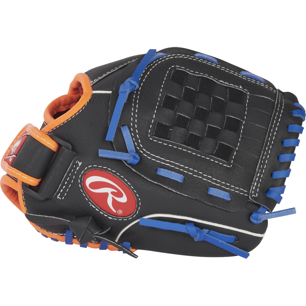 The Rawlings Sure Catch 10" Jacob deGrom Youth Baseball Glove (SC100JD) is black with blue laces, white stitching, orange trim, and a red Rawlings logo patch on the wrist strap.