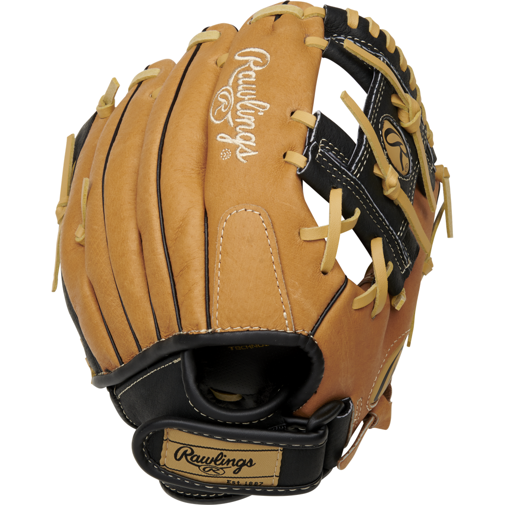 The Rawlings Sure Catch 10" Youth Baseball Glove (SC100TBI) features a tan and black design with tan laces, the Rawlings logo on the back, and a partially open web—ideal for young baseball players.
