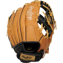 The Rawlings Sure Catch 10" Youth Baseball Glove (SC100TBI) features a tan and black design with tan laces, the Rawlings logo on the back, and a partially open web—ideal for young baseball players.