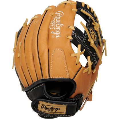 The Rawlings Sure Catch 10" Youth Baseball Glove (SC100TBI) features a tan and black design with tan laces, the Rawlings logo on the back, and a partially open web—ideal for young baseball players.