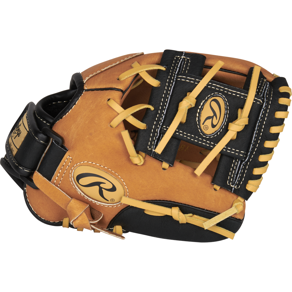 A close-up of the Rawlings Sure Catch 10" Youth Baseball Glove (SC100TBI) showcases its precise stitching and quality craftsmanship.