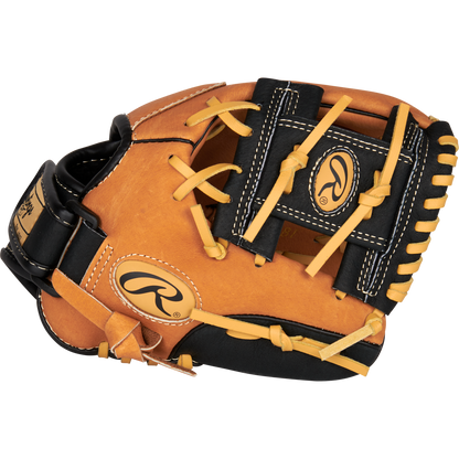 A close-up of the Rawlings Sure Catch 10" Youth Baseball Glove (SC100TBI) showcases its precise stitching and quality craftsmanship.