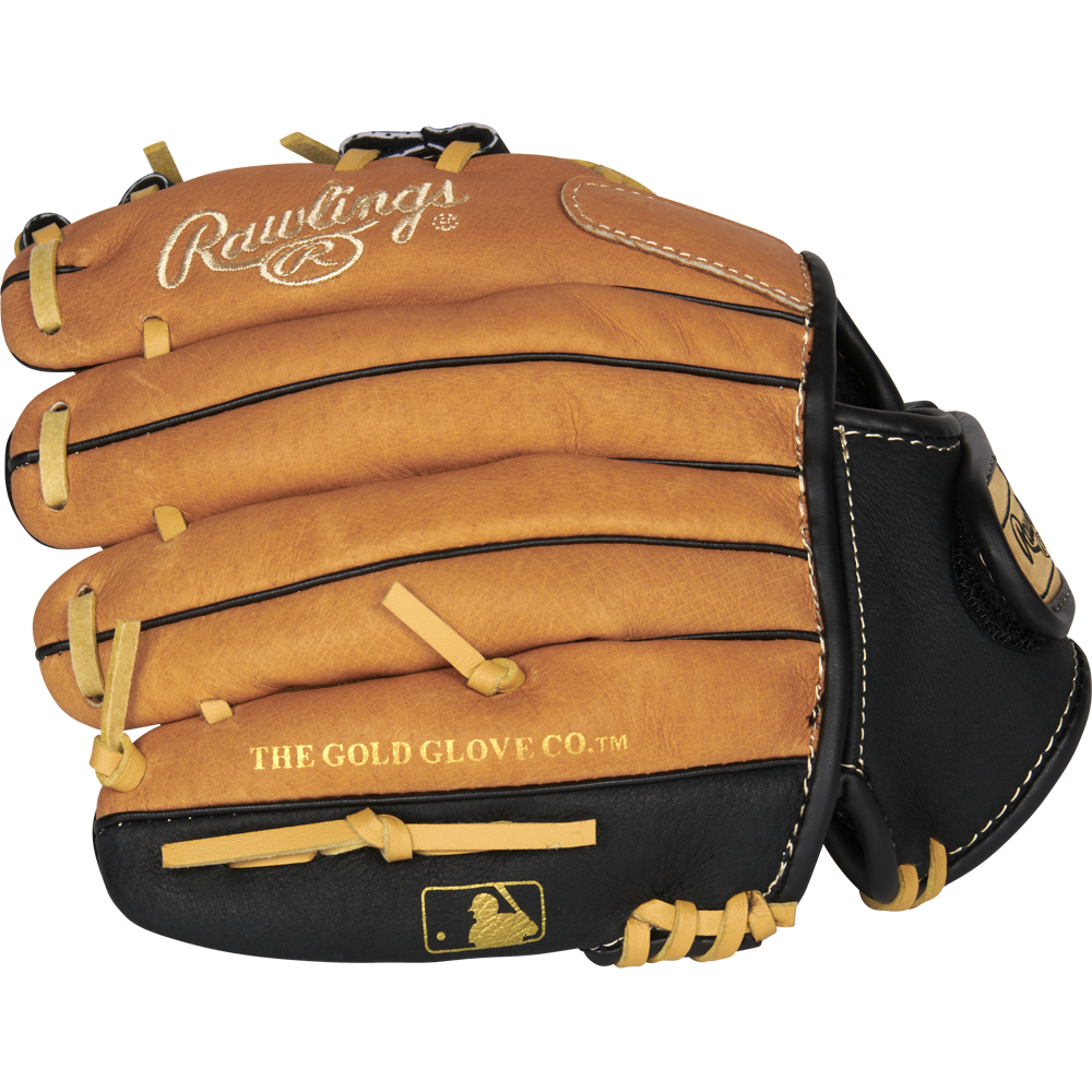 A tan and black Rawlings Sure Catch 10" Youth Baseball Glove (SC100TBI) featuring The Gold Glove Co. and MLB logos on the palm, shown on a light gray background—ideal for young, aspiring players.
