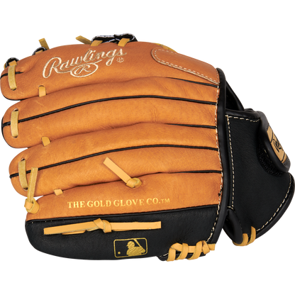 A tan and black Rawlings Sure Catch 10" Youth Baseball Glove (SC100TBI) featuring The Gold Glove Co. and MLB logos on the palm, shown on a light gray background—ideal for young, aspiring players.