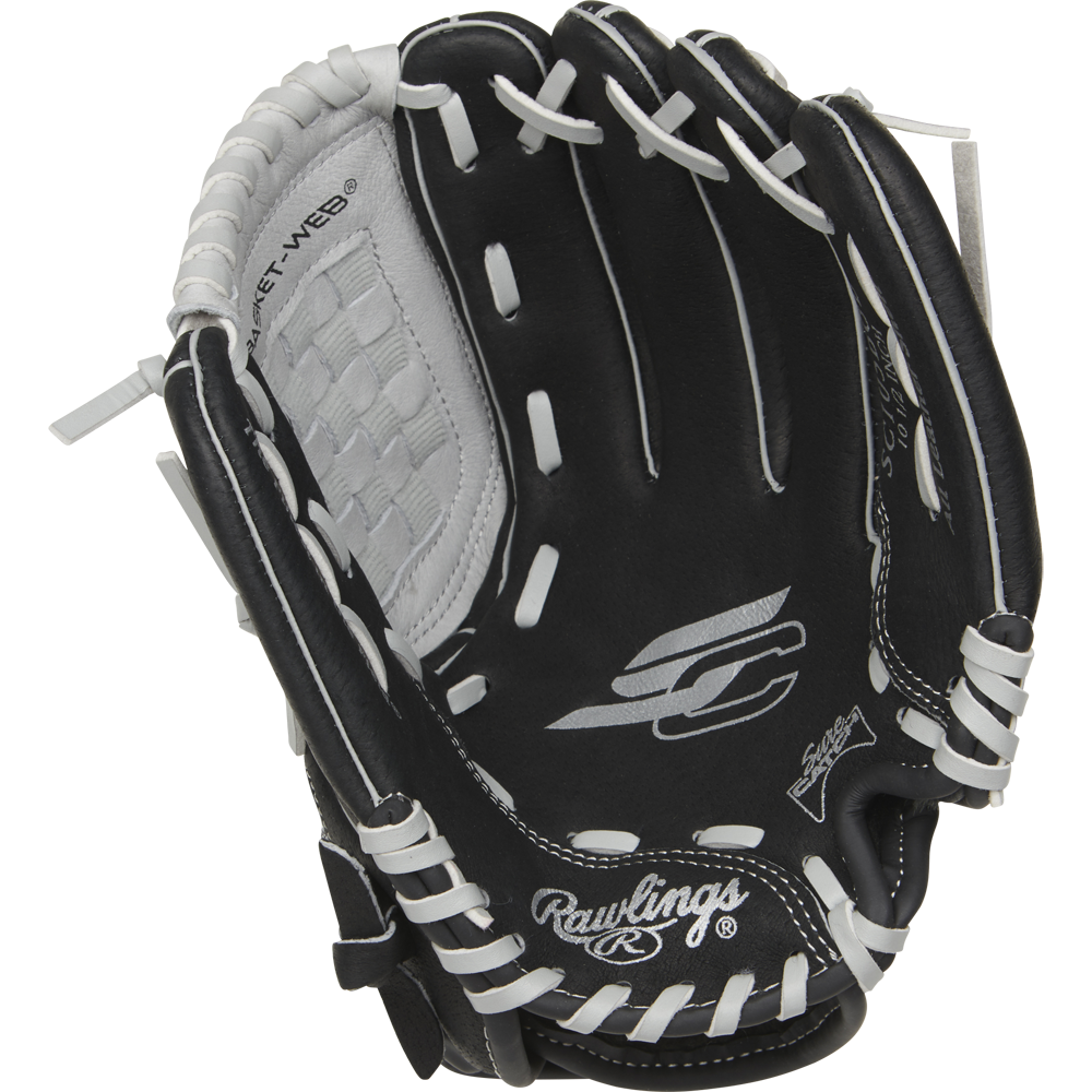 The Rawlings Sure Catch 10.5" Youth Baseball Glove (SC105BGB) features a black and white design with visible stitching, webbing, and the Rawlings logo on the palm and wrist strap.