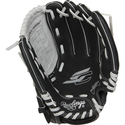 The Rawlings Sure Catch 10.5" Youth Baseball Glove (SC105BGB) features a black and white design with visible stitching, webbing, and the Rawlings logo on the palm and wrist strap.