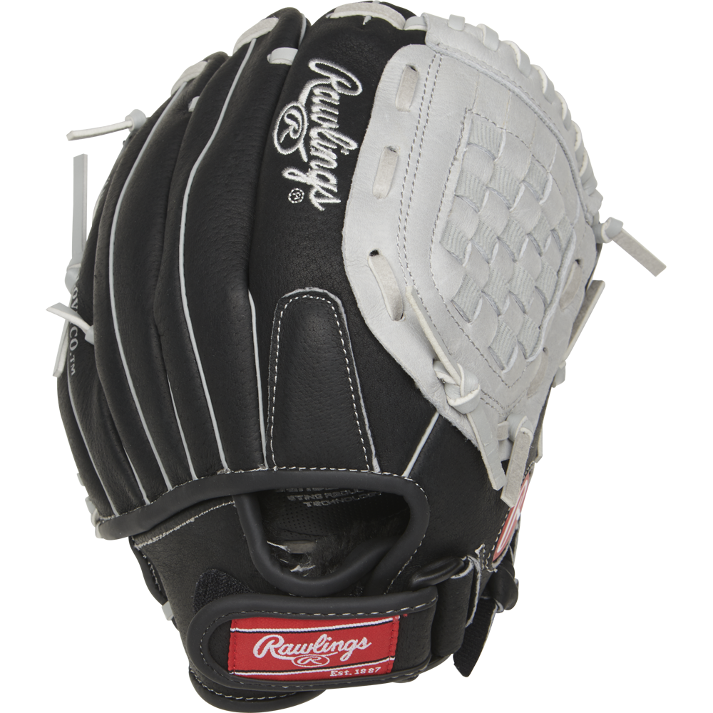 The Rawlings Sure Catch 10.5" Youth Baseball Glove (SC105BGB) is black and white with white stitching, laces, and logo, a woven web, and a red Rawlings patch on the wrist strap.