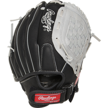 The Rawlings Sure Catch 10.5" Youth Baseball Glove (SC105BGB) is black and white with white stitching, laces, and logo, a woven web, and a red Rawlings patch on the wrist strap.