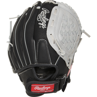 The Rawlings Sure Catch 10.5" Youth Baseball Glove (SC105BGB) is black and white with white stitching, laces, and logo, a woven web, and a red Rawlings patch on the wrist strap.