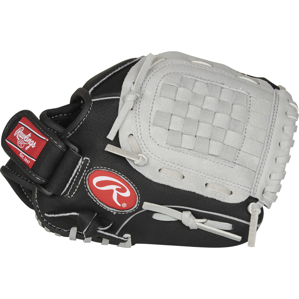 The Rawlings Sure Catch 10.5" Youth Baseball Glove (SC105BGB) is black and white with a woven web and features the red Rawlings logo on the wrist strap.