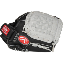 The Rawlings Sure Catch 10.5" Youth Baseball Glove (SC105BGB) is black and white with a woven web and features the red Rawlings logo on the wrist strap.