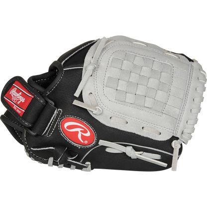 The Rawlings Sure Catch 10.5" Youth Baseball Glove (SC105BGB) is black and white with a woven web and features the red Rawlings logo on the wrist strap.
