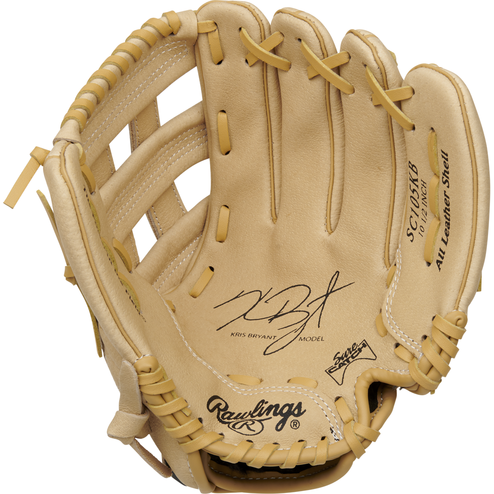 The tan Rawlings Sure Catch 10.5" Kris Bryant Youth Baseball Glove (SC105KB) features visible stitching, an open web, and black printed “Kris Bryant Signature Model” and “All Leather Shell” text on the inner palm.