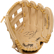 The tan Rawlings Sure Catch 10.5" Kris Bryant Youth Baseball Glove (SC105KB) features visible stitching, an open web, and black printed “Kris Bryant Signature Model” and “All Leather Shell” text on the inner palm.