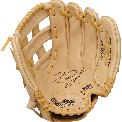 The tan Rawlings Sure Catch 10.5" Kris Bryant Youth Baseball Glove (SC105KB) features visible stitching, an open web, and black printed “Kris Bryant Signature Model” and “All Leather Shell” text on the inner palm.