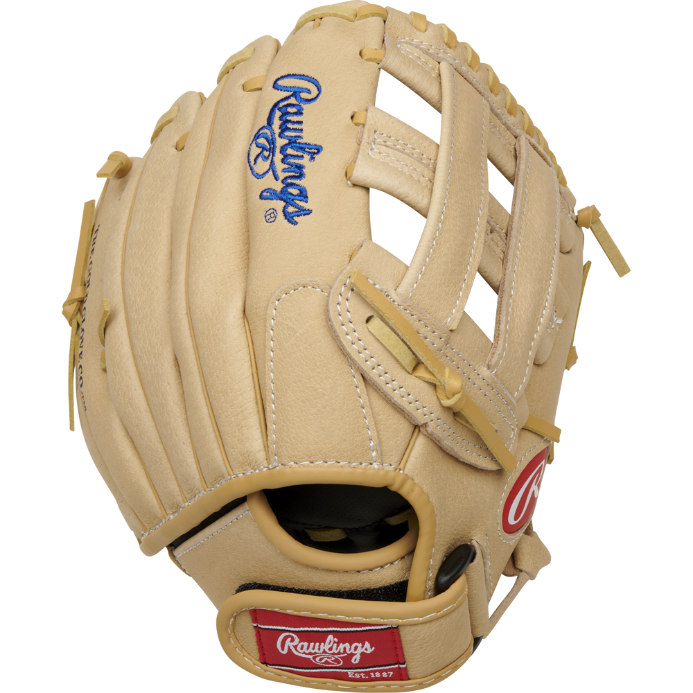 A tan Rawlings Sure Catch 10.5" Kris Bryant Youth Baseball Glove (SC105KB) with blue/red logos, detailed lacing, and a webbed pocket is shown from above on a plain white background.