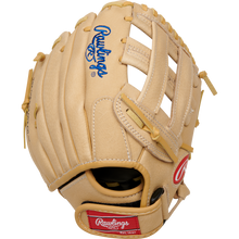 A tan Rawlings Sure Catch 10.5" Kris Bryant Youth Baseball Glove (SC105KB) with blue/red logos, detailed lacing, and a webbed pocket is shown from above on a plain white background.