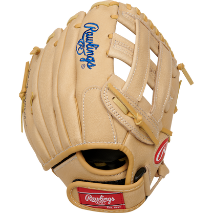A tan Rawlings Sure Catch 10.5" Kris Bryant Youth Baseball Glove (SC105KB) with blue/red logos, detailed lacing, and a webbed pocket is shown from above on a plain white background.