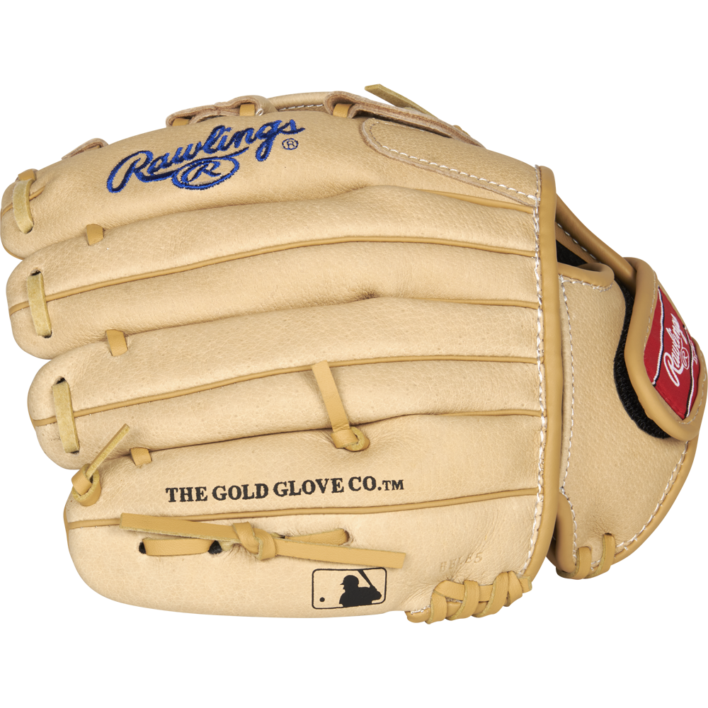 The Rawlings Sure Catch 10.5" Kris Bryant Youth Baseball Glove (SC105KB) features a tan design with blue and black branding, THE GOLD GLOVE CO.™ text, the MLB logo on the palm, and is inspired by Kris Bryant's signature style.