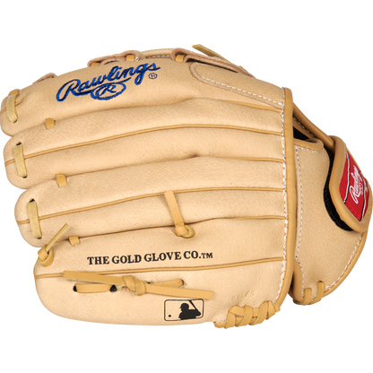 The Rawlings Sure Catch 10.5" Kris Bryant Youth Baseball Glove (SC105KB) features a tan design with blue and black branding, THE GOLD GLOVE CO.™ text, the MLB logo on the palm, and is inspired by Kris Bryant's signature style.
