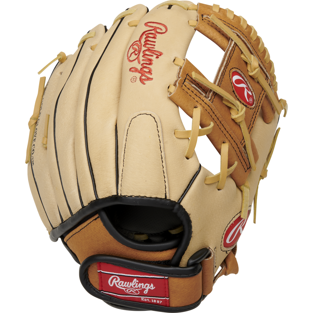 The Rawlings Sure Catch 10.5" Youth Baseball Glove (SC105TCI) features a tan and brown design with black trim, beige laces, red Rawlings logos, and an open web, shown from the top.