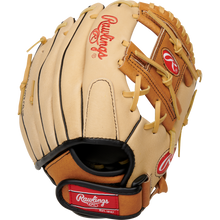 The Rawlings Sure Catch 10.5" Youth Baseball Glove (SC105TCI) features a tan and brown design with black trim, beige laces, red Rawlings logos, and an open web, shown from the top.