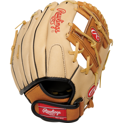 The Rawlings Sure Catch 10.5" Youth Baseball Glove (SC105TCI) features a tan and brown design with black trim, beige laces, red Rawlings logos, and an open web, shown from the top.