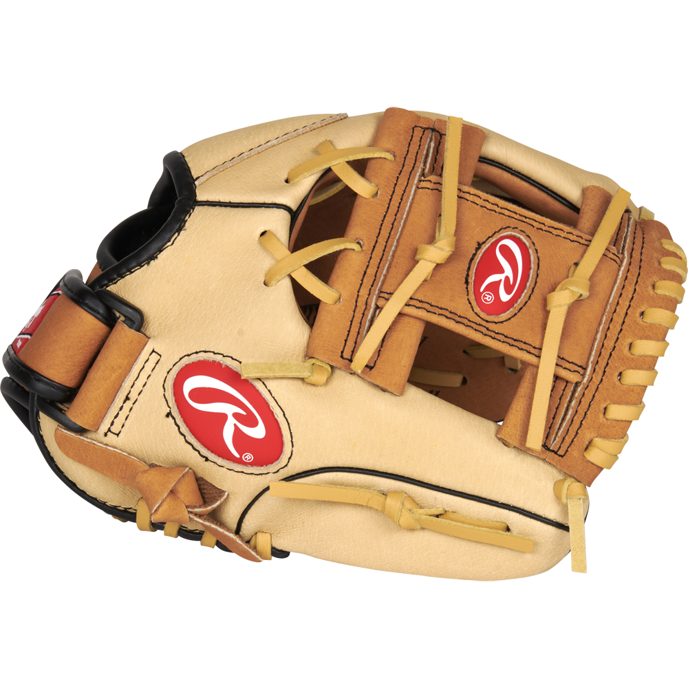A Rawlings Sure Catch 10.5" Youth Baseball Glove (SC105TCI) in tan and brown, featuring red Rawlings logos, black stitching, and leather laces, displayed from the side on a plain white background.