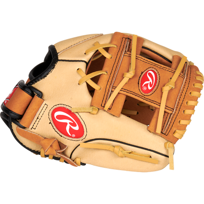 A Rawlings Sure Catch 10.5" Youth Baseball Glove (SC105TCI) in tan and brown, featuring red Rawlings logos, black stitching, and leather laces, displayed from the side on a plain white background.
