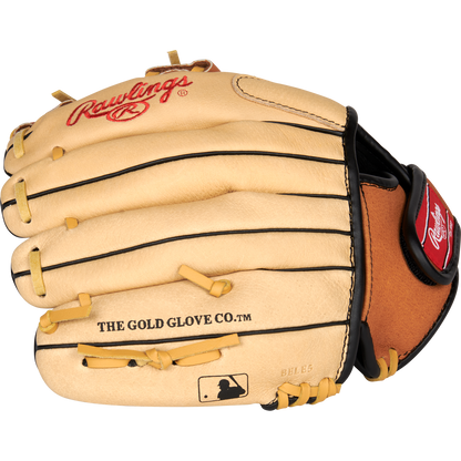 The Rawlings Sure Catch 10.5" Youth Baseball Glove (SC105TCI) is tan with black piping, tan laces, and red Rawlings logos, featuring "THE GOLD GLOVE CO." and MLB logo on the palm—ideal for young players.