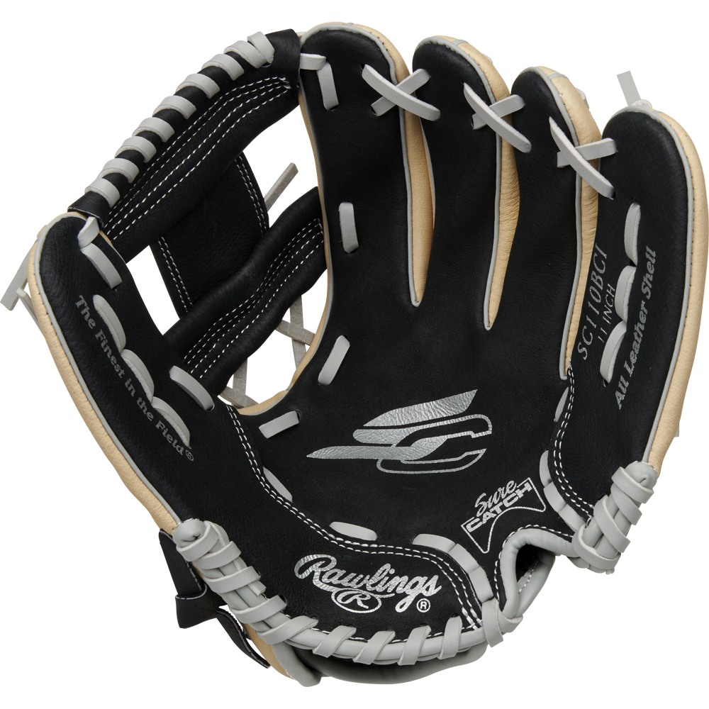 A Rawlings Sure Catch 11" Youth Baseball Glove (SC110BCI) in black and tan with white laces and logo details is displayed fully open against a plain white background.