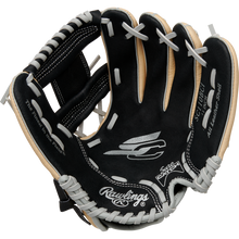 A Rawlings Sure Catch 11" Youth Baseball Glove (SC110BCI) in black and tan with white laces and logo details is displayed fully open against a plain white background.