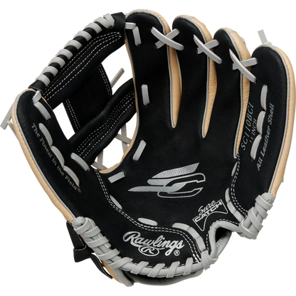 A Rawlings Sure Catch 11" Youth Baseball Glove (SC110BCI) in black and tan with white laces and logo details is displayed fully open against a plain white background.